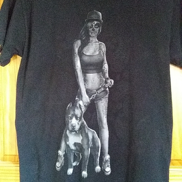 Sugar Skull Tattoo Woman with Pit Bull Short Sleeve T-Shirt Small Unisex - Picture 4 of 13